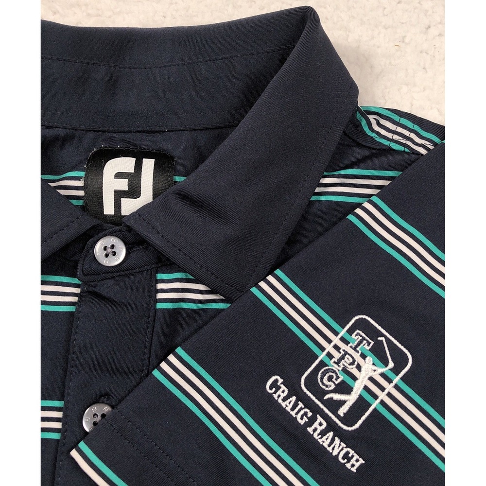 FootJoy TPC Craig Ranch Golf Polo Men LARGE Navy Blue Stripe Performance Stretch